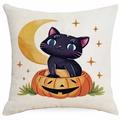 Kissenbezug aus Leinen mit Halloween-Katze im Kürbis und Mond für das Sofa - Katze im Kürbis-Laterne-Stil (DYM343-9) / 45x45 cm