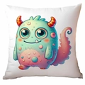 Detail of cute blue monster cartoon print on a white square cushion cover for home decor - 45*45cm Short Plush Single Sided Without Core / Cyan Blue Pink Long Tail Monster (CDR370-11)