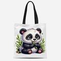 Cute cartoon panda canvas tote bag with black handles and green bamboo graphics - Panda with Bamboo Leaves Style (FBDT33-9)
