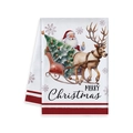 Torchon de cuisine blanc avec imprimé Père Noël et rennes pour décor de fête - Style Traîneau du Père Noël (MJBT61-35)