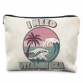 Cream canvas zipper pouch with vintage ocean print and Vitamin Sea slogan for travel - Coconut Tree Waves Pattern (TSND20-6) / 21.5*15cm High Density Linen