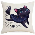 Halloween-Kissenbezug aus Leinen mit schwarzer Katze im Sternenumhang und blauen Augen - Schwarze Katze im Sternenmantel-Stil (DYM343-10) / 45x45 cm