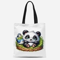 Detail of cute cartoon panda print on durable white canvas tote bag with black handles - Panda in Bird Nest Style (FBDT33-5)