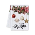 Torchon de cuisine blanc de Noël avec motifs de branches de pin et texte festif - Style Branche de Pin et Ornements (MJBT61-36)