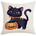 Halloween Kissenbezug aus Leinen mit schwarzer Katze und Kürbis Illustration - Kürbis und blauäugige Katze Stil (DYM343-11) / 45x45 cm