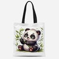 Dettaglio della stampa a panda su borsa tote in tela bianca con manici neri resistenti - Stile Panda con Bambù (FBDT33-1)