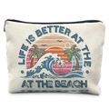 Off-white canvas storage bag with sunset palm tree print and black metal zipper - Life at Beach Pattern (TSND20-9) / 21.5*15cm High Density Linen