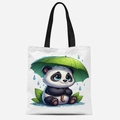 Cute cartoon panda canvas tote bag with black handles and green umbrella illustration - Panda with Umbrella Style (FBDT33-10)