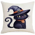Halloween Kissenbezug aus Leinen mit schwarzer Katze, Hexenhut und orangefarbenem Halsband - Schwarzer Katzenkopf mit lila Zaubererhut-Stil (DYM343-13) / 45x45 cm