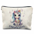 Pochette en toile crème avec motif licorne coloré, inscription Unicorn Vibes et zip noir - Style Ambiance de Licorne(THZB17-6) / 21.5x15cm / Blanc Cassé