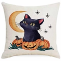 Halloween Kissenbezug mit schwarzer Katze, orangefarbenem Mond und Kürbissen auf Leinen - Mond Kürbis Schwarze Katze Stil (DYM343-15) / 45x45 cm