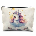 Trousse à maquillage en toile avec licorne mignonne et texte Magic Is Real - Style La Magie de Licorne est Réelle(THZB17-8) / 21.5x15cm / Blanc Cassé