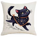 Halloween Katzen Kissenbezug aus Leinen mit niedlicher schwarzer Katzen Illustration - Blauäugige schwarze Katzen-Illustrationsstil (DYM343-16) / 45x45 cm