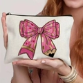 Close-up of canvas makeup bag with pencil bow print and high-quality black zipper - Creative Pencil Bow (TSND25-18) / 21.5*15cm