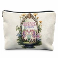 Trousse à cosmétiques en toile crème avec motif licorne et fermeture éclair noire - Style Cadre Double Licornes(THZB17-14) / 21.5x15cm / Blanc Cassé