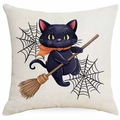 Halloween Kissenbezug mit Katze auf Besen aus Leinen für Sofa Dekoration Beige - Katze mit Schal reitet Besen-Stil (DYM343-18) / 45x45 cm
