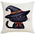 Halloween Kissenbezug mit schwarzer Katze und Hexenhut auf Leinenstoffstruktur - Katze mit schwarzem Zaubererhut und Schleife-Stil (DYM343-19) / 45x45 cm