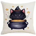 Halloween Kissenbezug mit süßer schwarzer Katze im Hexenhut und Hexenkessel - Hexenhut und Katze im Kessel-Stil (DYM343-20) / 45x45 cm