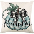 Linen pumpkin throw pillow cover with teal pumpkin and black-white checkered bow - Watercolor Teal Pumpkin Style (DYM349-8) / 45cmx45cm Linen Without Core