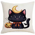 Halloween Kissenbezug mit niedlicher schwarzer Katze und Kürbis auf Leinenstoff - Kürbis und Mondsichel Schwarze Katze Stil (DYM343-21) / 45x45 cm