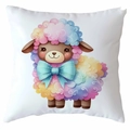 Cute white square pillowcase with a rainbow colored sheep print and a blue bow tie - Rainbow Sheep Style (CDR367-6) / Standard Square Short Plush