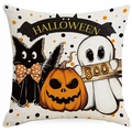 Dettaglio della federa per cuscino Halloween in lino con stampe di zucca e gatto nero - Stile Gatto Nero Zucca Fantasma Cartone Animato (DYM372-1)