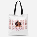 Détail d'un portrait de femme africaine avec texte Blessed sur un sac fourre-tout en toile - Combo Portrait et Lettres Blessed (TFBD36-14) / 33*39cm