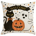 Dettaglio copricuscino di Halloween in lino con gatto nero, fantasma e zucca ricamata - Stile Slogan Benvenuto Gatto Nero Cartone Animato (DYM372-2)