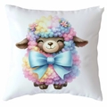Square white pillowcase featuring a colorful rainbow sheep print with a blue ribbon bow - Rainbow Sheep Style (CDR367-11) / Standard Square Short Plush