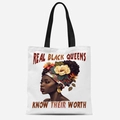 Sac fourre-tout en toile blanche avec imprimé reine africaine et texte Real Black Queens - Illustration Ethnique Boucles d'Oreilles Dorées (TFBD36-8) / 33*39cm