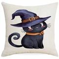 Halloween Kissenbezug aus Leinen mit schwarzer Katze und Hexenhut für das Sofa - Lila Hut und Schal Katze Stil (DYM343-25) / 45x45 cm