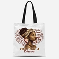 Détail du portrait artistique Black Queen et du slogan sur un sac cabas en toile blanc - Portrait d'Art avec Coiffe Ethnique (TFBD36-7) / 33*39cm
