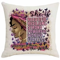 Detail of linen cushion cover with African woman illustration and inspiring text - Pink Butterfly Inspirational Theme (DYM377-16)