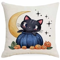 Halloween Kissenhülle mit schwarzer Katze im blauen Kürbis unter einer goldenen Mondsichel - Blauer Krug Schwarze Katze mit Sichelstil (DYM343-27) / 45x45 cm