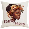 Macro detail of linen pillowcase featuring a black woman art print and Black & Proud text - Yellow Flower Black Proud Slogan (DYM377-13)