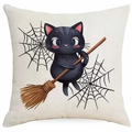Halloween Kissenbezug mit schwarzer Katze und Spinnennetz-Print auf beigem Leinen - Besen und Doppelnetz Katze Stil (DYM343-30) / 45x45 cm