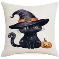 Halloween Kissenbezug mit schwarzer Katze im Zauberhut und Kürbis auf Leinenstoff - Großkopfkatze mit Zaubererhut Kürbis-Stil (DYM343-31) / 45x45 cm