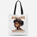 Sac fourre-tout en toile blanche avec imprimé Black Queen et anses noires confortables - Portrait avec Couronne et Slogans (TFBD36-10) / 33*39cm
