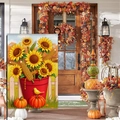 Autumn garden flag featuring sunflowers and pumpkins displayed on a festive home porch - Sunflower Corn Pumpkin Bird (HYQ92-8)