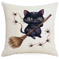 Halloween Kissenhülle aus Leinen mit niedlicher schwarzer Katze und Besen auf Beige - Katze mit Besen und gelben Augen Stil (DYM343-34) / 45x45 cm