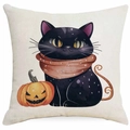 Halloween Kissenbezug mit schwarzer Katze und Kürbis auf beigem Leinenstoff - Kürbis und Schal Schwarze Katze Stil (DYM343-36) / 45x45 cm