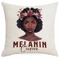 Kissenbezug aus Leinen mit Melanin Queen Porträt, goldener Krone und Blumenmotiven - Blumenkrone Afrikanische Frau (DYM377-3)