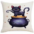 Halloween Kissenbezug mit schwarzer Katze auf violettem Kessel über beige Leinen - Schwarze Katze steht auf lila Kessel-Stil (DYM343-38) / 45x45 cm