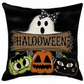 Halloween decorative pillowcase with white ghost and various pumpkin icons on black background - Ghost And Pumpkin Sign Style / Linen Single Side Without Core
