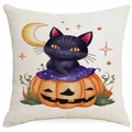 Halloween Kissenhülle aus Leinen mit schwarzer Katze auf Kürbis und gelbem Mond - Kürbishaufen und Gelber Mond Schwarze Katze Stil (DYM343-39) / 45x45 cm