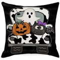Square Halloween pillowcase with cartoon ghost, pumpkin, and bat over a cow print pattern - Ghost Pumpkin Cow Print Truck Style / Linen Single Side Without Core