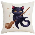 Halloween Kissenbezug aus Leinen mit schwarzer Katze und Besen für Sofa Dekoration - Katze mit Besen und Sternen-Stil (DYM343-40) / 45x45 cm