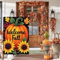 Outdoor Fall Garden Flag with Welcome Fall text and orange pumpkin sunflower design - Black Base Sunflower Large Pumpkin (HYQ92-11)