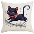 Halloween Kissenhülle aus Leinen mit schwarzer Katze und Spinnennetz-Illustration - Roter Schal und Netz Katze Stil (DYM343-41) / 45x45 cm