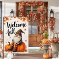Fall garden flag with gnome on pumpkin and Welcome Fall text for autumn patio decor - Gnome Sitting on Large Pumpkin (HYQ92-13)